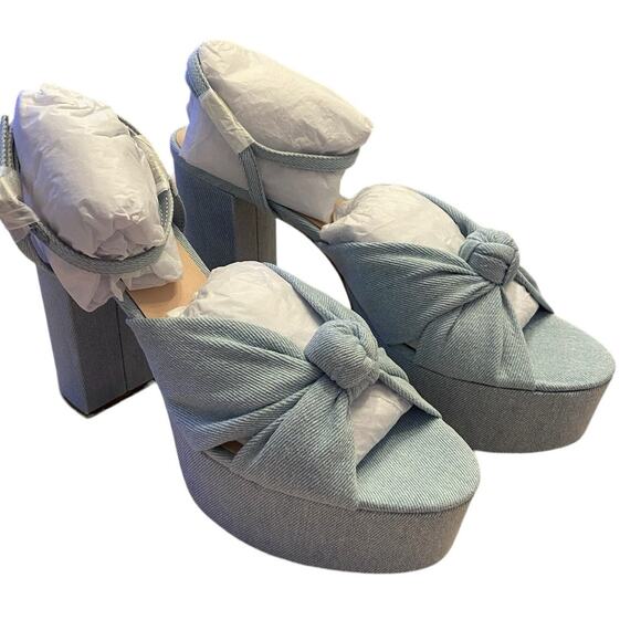 Loeffler Randall Roz-Den Knotted Platform Sandals Block Heel Light Denim 8.5B - Picture 4 of 15